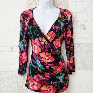 Cable & Gauge Floral Faux Wrap Top | Vibrant Pink & Teal Abstract Print | Size M